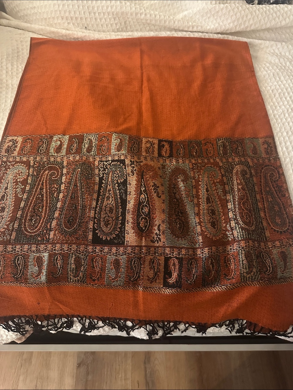 Stunning Rust Orange Paisley Woven Shawl